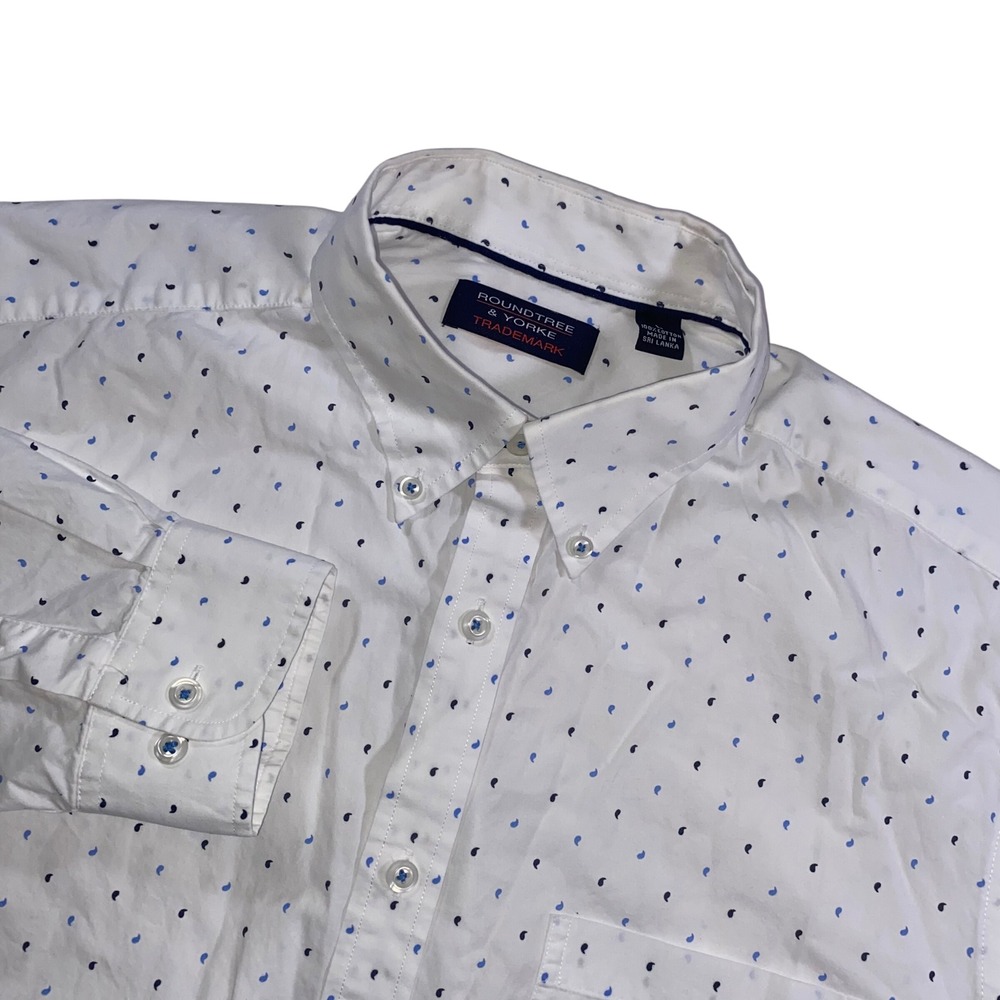 Roundtree & Yorke White Button-Down Shirt with Blue Micro Dot Print